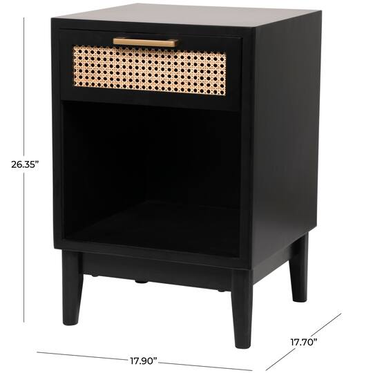 Wood Accent Table with Cane Front Drawer & Gold Handle